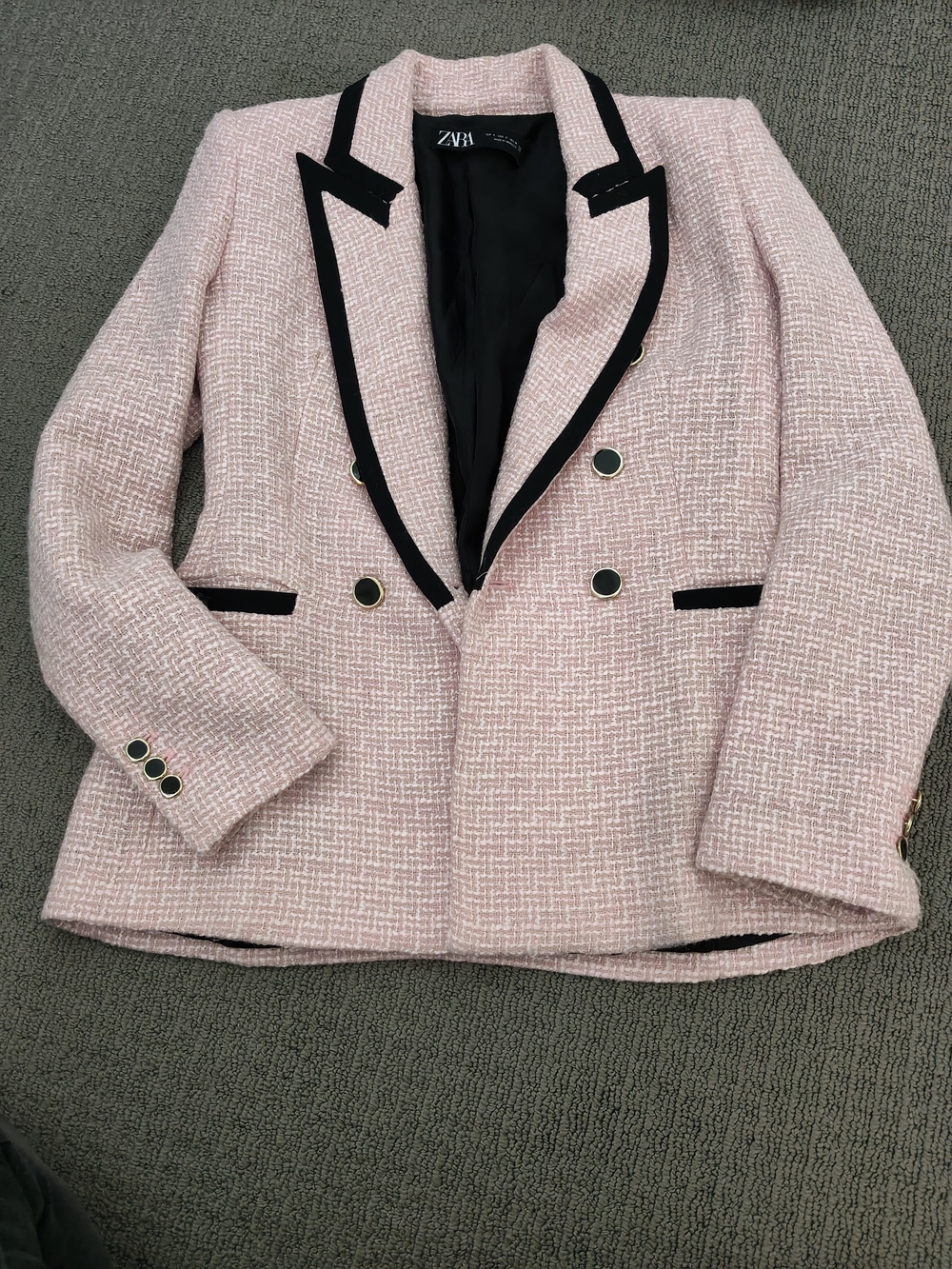 ZARA Light Pink Tweed Double-Breasted Blazer with Black Trim